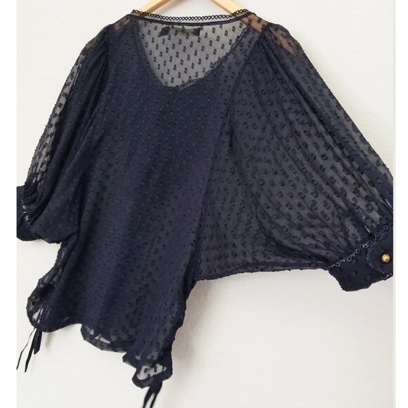 La Chapelle Navy Blue Sheer Chiffon Ruffle Batwing Blouse Top Romantic Coquette - Picture 11 of 15